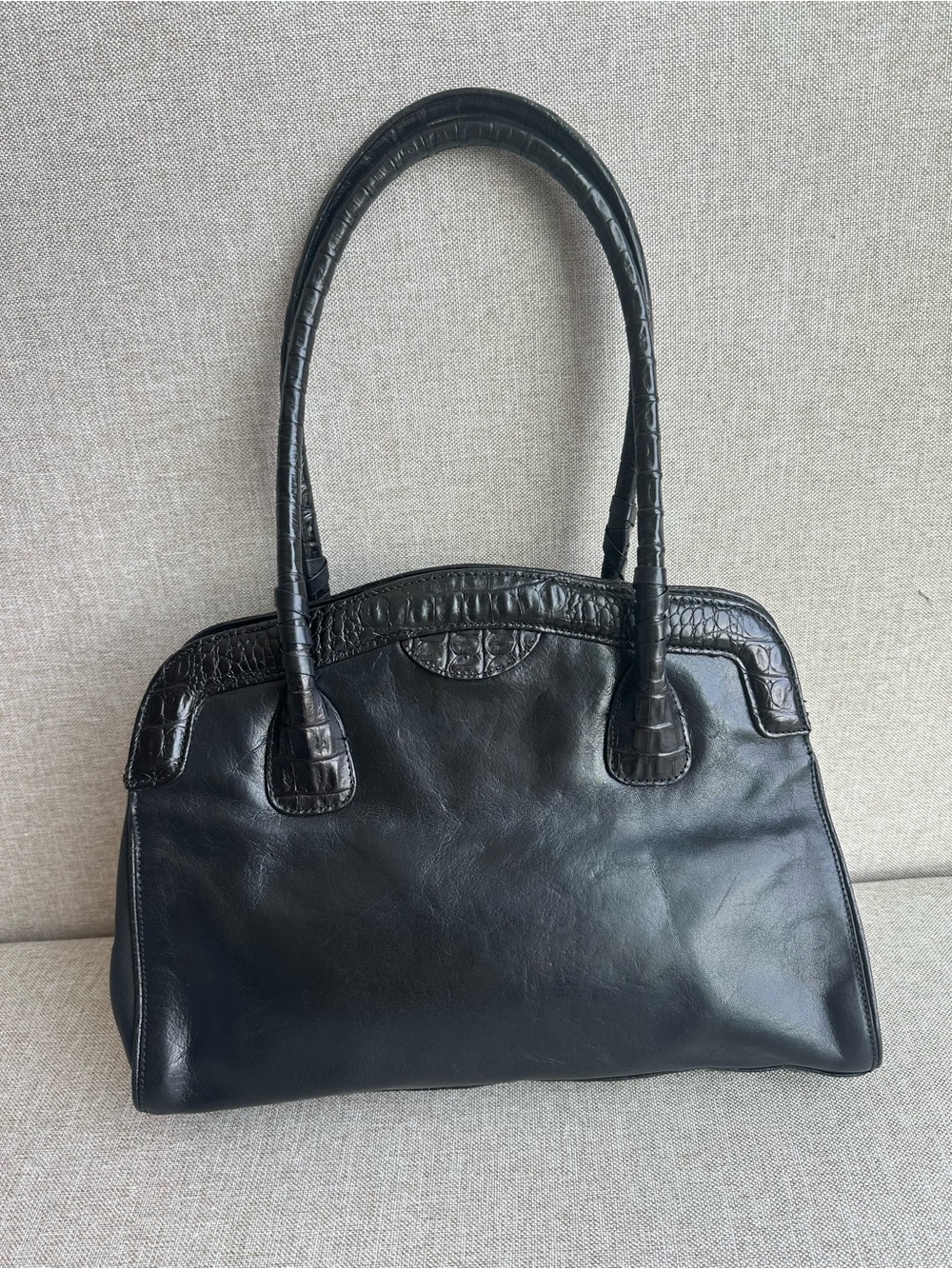Vintage Brahmin Black Leather Handbag with Crocodile Embossed Trim